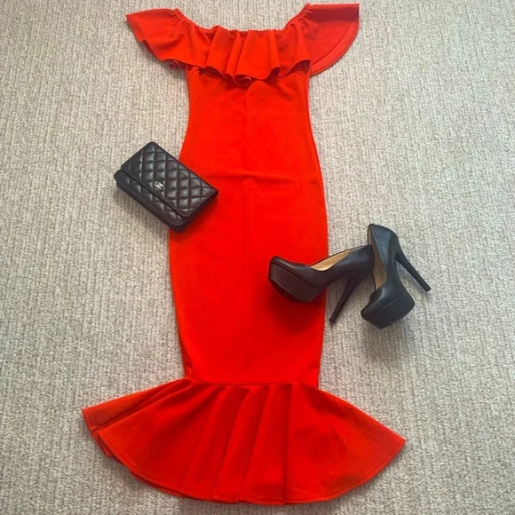 midi red dress for women with sleeves Volume Sleeve Midi Dress-Poppy Red